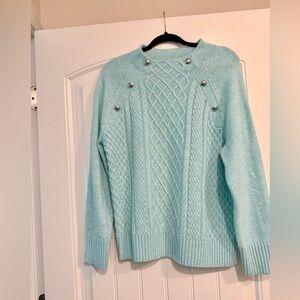 Talbots Light Icy Blue Cable Knit Sweater with Silver Buttons